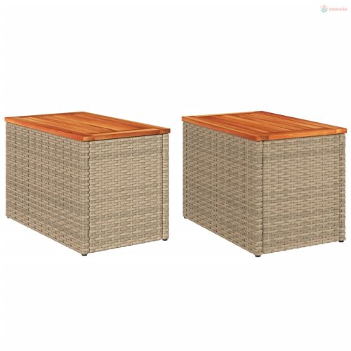 2 db bézs polyrattan és tömör fa kerti kisasztal 55x34x37 cm