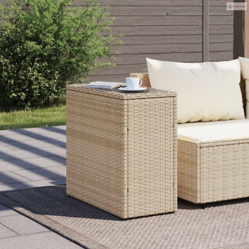 Bézs polyrattan kerti kisasztal üveg asztallappal 58x27,5x55 cm