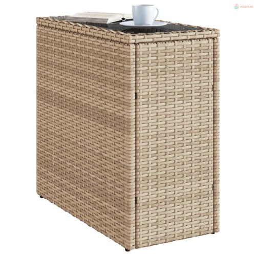 Bézs polyrattan kerti kisasztal üveg asztallappal 58x27,5x55 cm