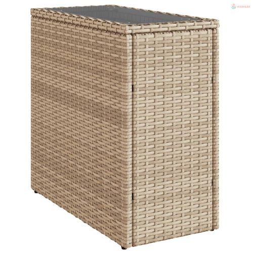 Bézs polyrattan kerti kisasztal üveg asztallappal 58x27,5x55 cm