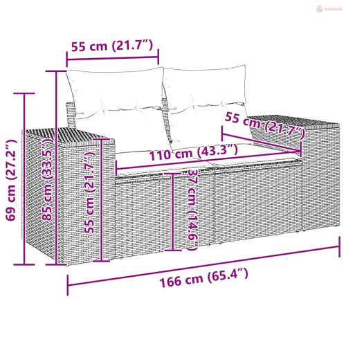 2 személyes bézs polyrattan kerti kanapé párnával