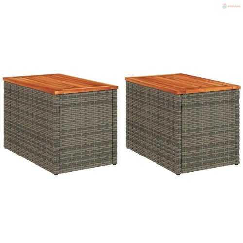 2 db szürke polyrattan és tömör fa kerti kisasztal 55x34x37 cm