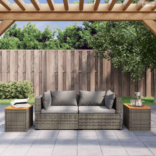 2 db szürke polyrattan és tömör fa kerti kisasztal 55x34x37 cm