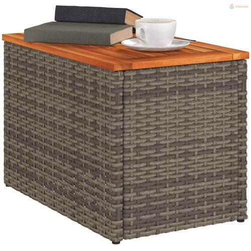 2 db szürke polyrattan és tömör fa kerti kisasztal 55x34x37 cm