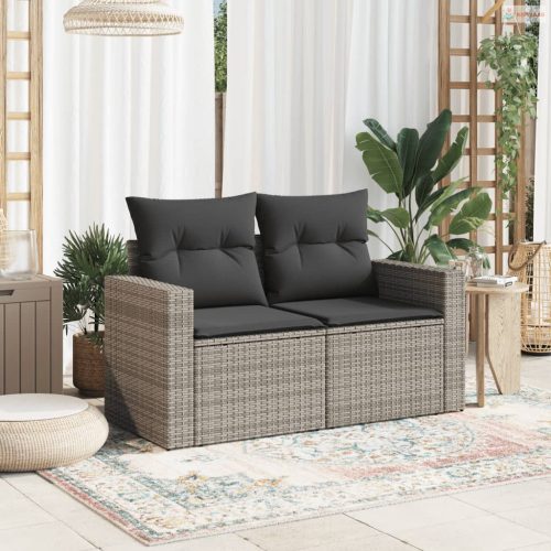2 személyes szürke polyrattan kerti kanapé párnával