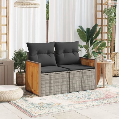 2 személyes szürke polyrattan kerti kanapé párnával