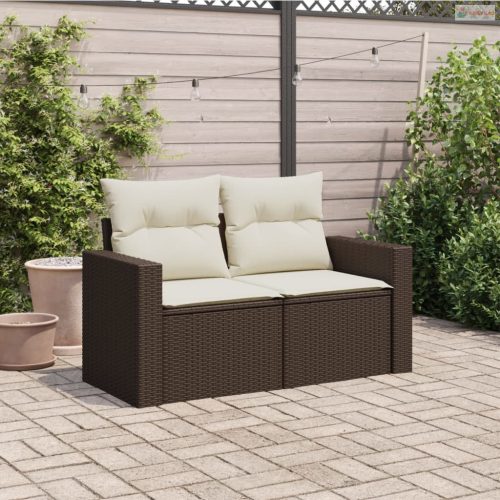 2 személyes barna polyrattan kerti kanapé párnával