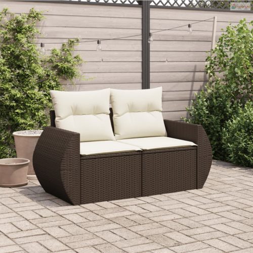 2 személyes barna polyrattan kerti kanapé párnával