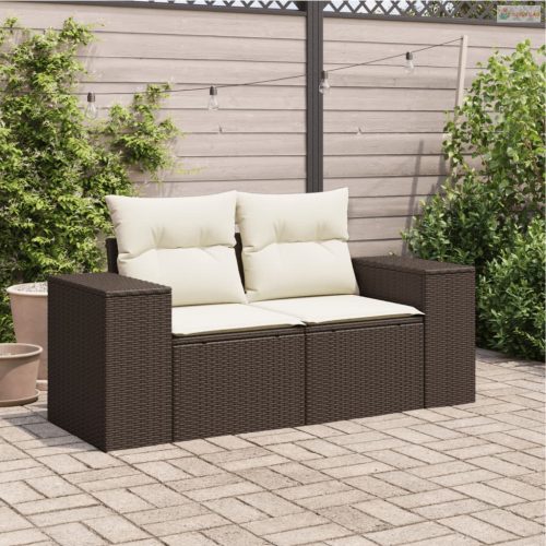 2 személyes barna polyrattan kerti kanapé párnával