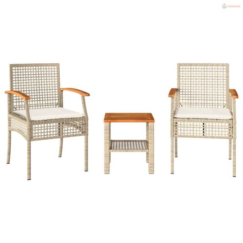 3 részes bézs polyrattan és akácfa bisztrószett párnákkal