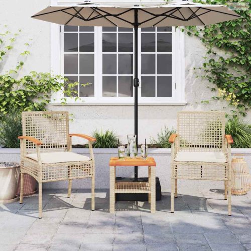 3 részes bézs polyrattan és akácfa bisztrószett párnákkal