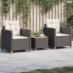   3 részes fekete polyrattan és akácfa bisztrószett párnákkal