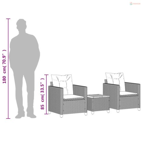 3 részes fekete polyrattan és akácfa bisztrószett párnákkal