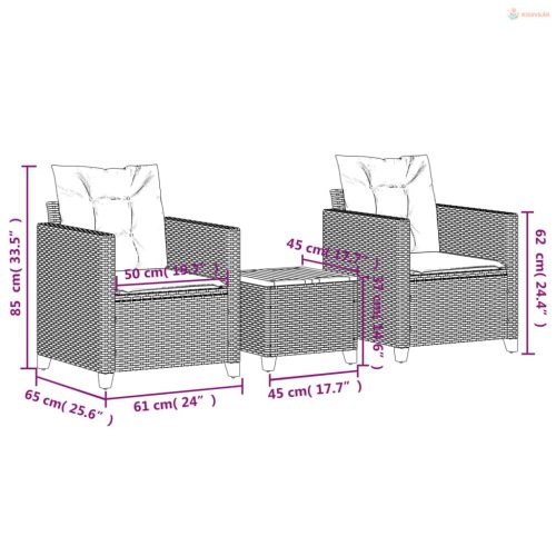 3 részes fekete polyrattan és akácfa bisztrószett párnákkal