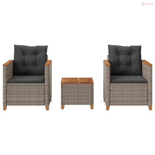 3 részes szürke polyrattan és akácfa bisztrószett párnákkal