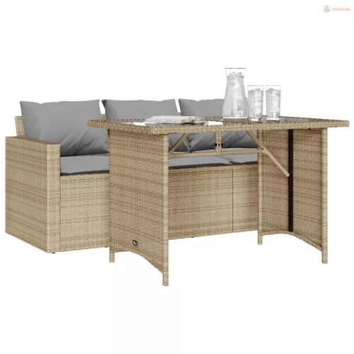 2 részes bézs polyrattan kerti étkezőgarnitúra párnákkal