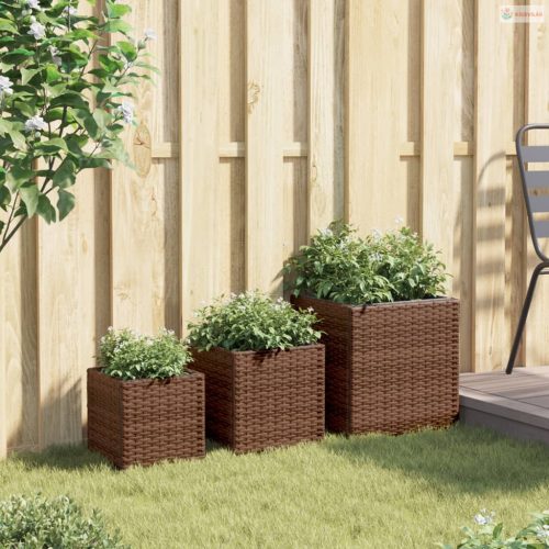 3 db barna polyrattan kerti ültetőláda