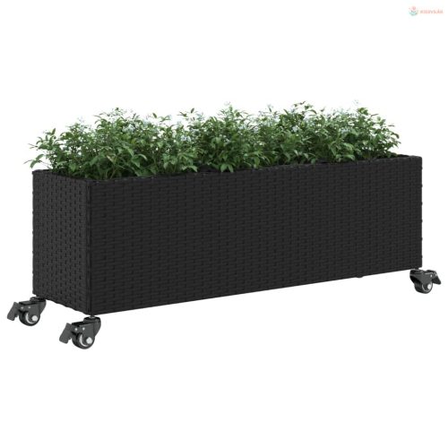 Fekete polyrattan növénytartó kerékkel/3 cseréppel 107x32x38 cm