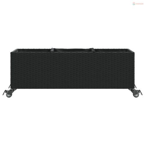 Fekete polyrattan növénytartó kerékkel/3 cseréppel 107x32x38 cm