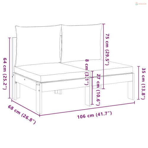2 személyes tömör akácfa karfa nélküli kerti kanapé párnákkal