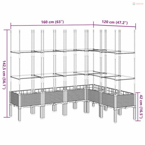 Világosszürke PP rácsos kerti ültetőláda 160 x 120 x 142,5 cm