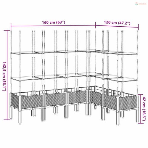 Barna polipropilén rácsos kerti ültetőláda 160 x 120 x 142,5 cm