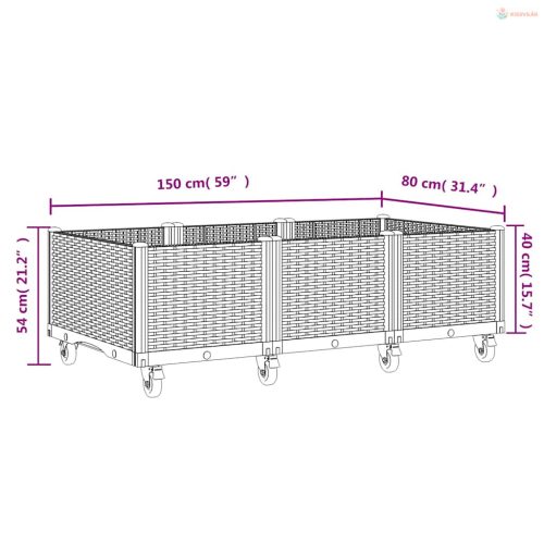 Kékszürke polipropilén rácsos kerekes ültetőláda 150 x 80 x 54 cm
