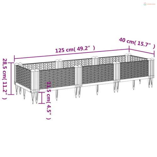 Barna polipropilén kerti virágláda cövekekkel 125x40x28,5 cm