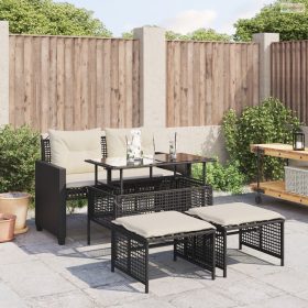   4 részes fekete polyrattan üveg kerti ülőgarnitúra párnával