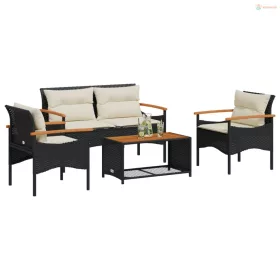   4 részes fekete polyrattan kerti ülőgarnitúra párnákkal