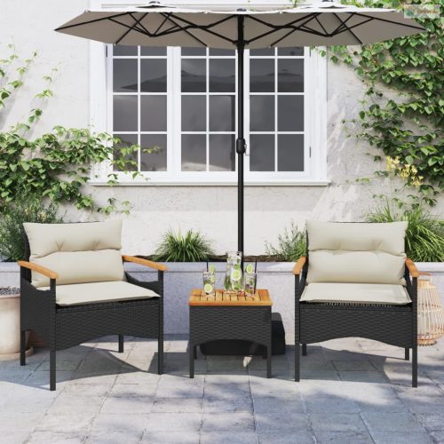 3 részes fekete polyrattan kerti ülőgarnitúra párnával