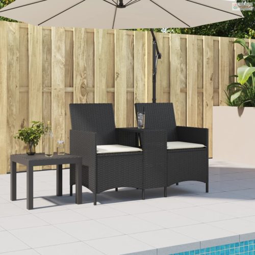 2 személyes fekete polyrattan kerti kanapé asztallal / párnával