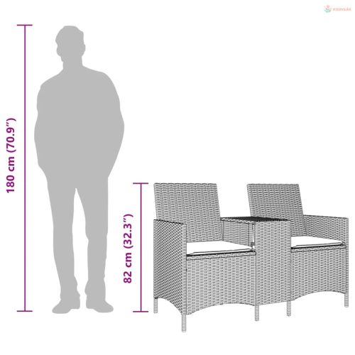 2 személyes fekete polyrattan kerti kanapé asztallal / párnával