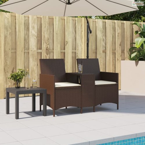 Barna polirattan 2 személyes kerti kanapé asztallal és párnával