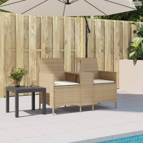 Bézs polirattan 2 személyes kerti kanapé asztallal és párnákkal