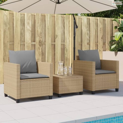 3 részes bézs polyrattan bisztrógarnitúra párnával