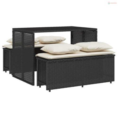 3 részes fekete polyrattan kerti étkezőgarnitúra párnákkal