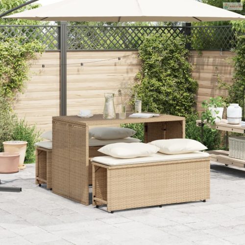 3 részes bézs polyrattan kerti étkezőgarnitúra párnákkal