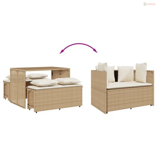 3 részes bézs polyrattan kerti étkezőgarnitúra párnákkal