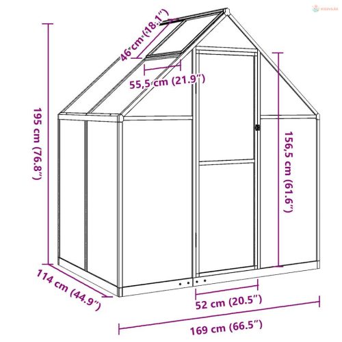 Zöld alumínium melegház alapvázzal 169 x 114 x 195 cm