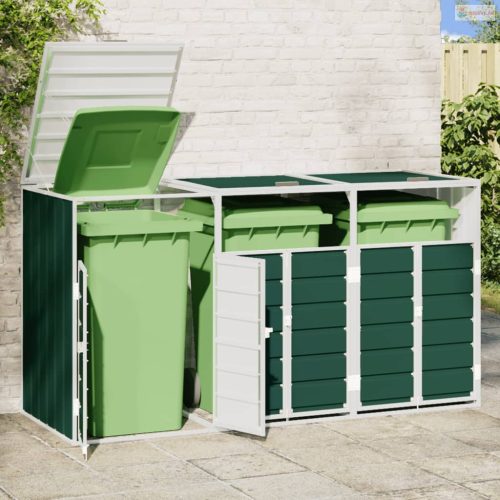 Zöld acél kerekes szemetes tároló 3 szemeteskukához 216 x 81 x 115 cm