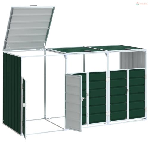 Zöld acél kerekes szemetes tároló 3 szemeteskukához 216 x 81 x 115 cm