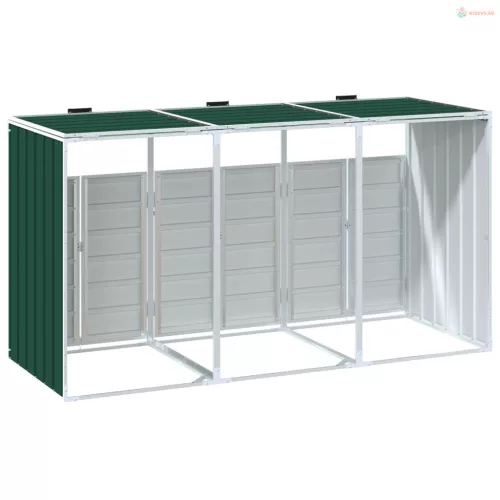 Zöld acél kerekes szemetes tároló 3 szemeteskukához 216 x 81 x 115 cm
