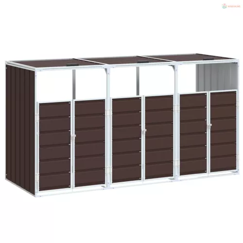 Barna acél kerekes szemetes tároló 3 szemeteskukához 216 x 81 x 115 cm