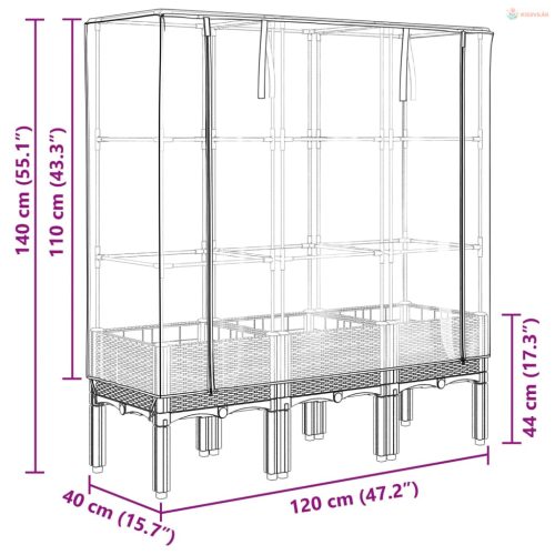Rattan megjelenésű magaságyás melegháztakaróval 120x40x140 cm