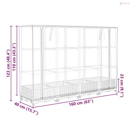 Rattan hatású magaságyás üvegháztakaróval 160 x 40 x 123 cm