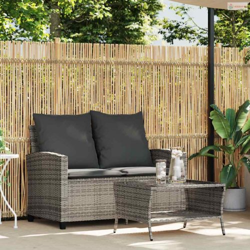 2 személyes szürke polyrattan kerti kanapé asztallal&párnával