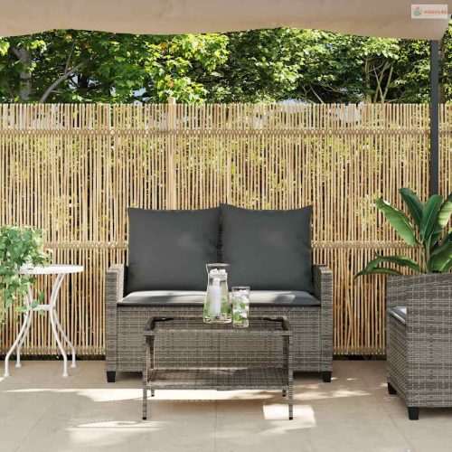 2 személyes szürke polyrattan kerti kanapé asztallal&párnával