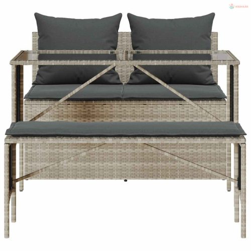 3részes világosszürke polyrattan kerti étkezőgarnitúra párnával