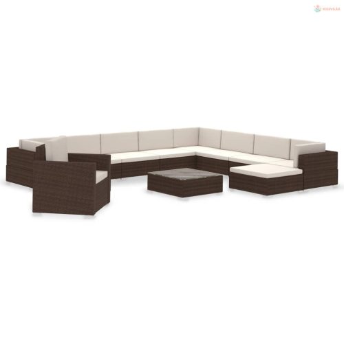 12-részes barna polyrattan kerti bútorszett párnákkal